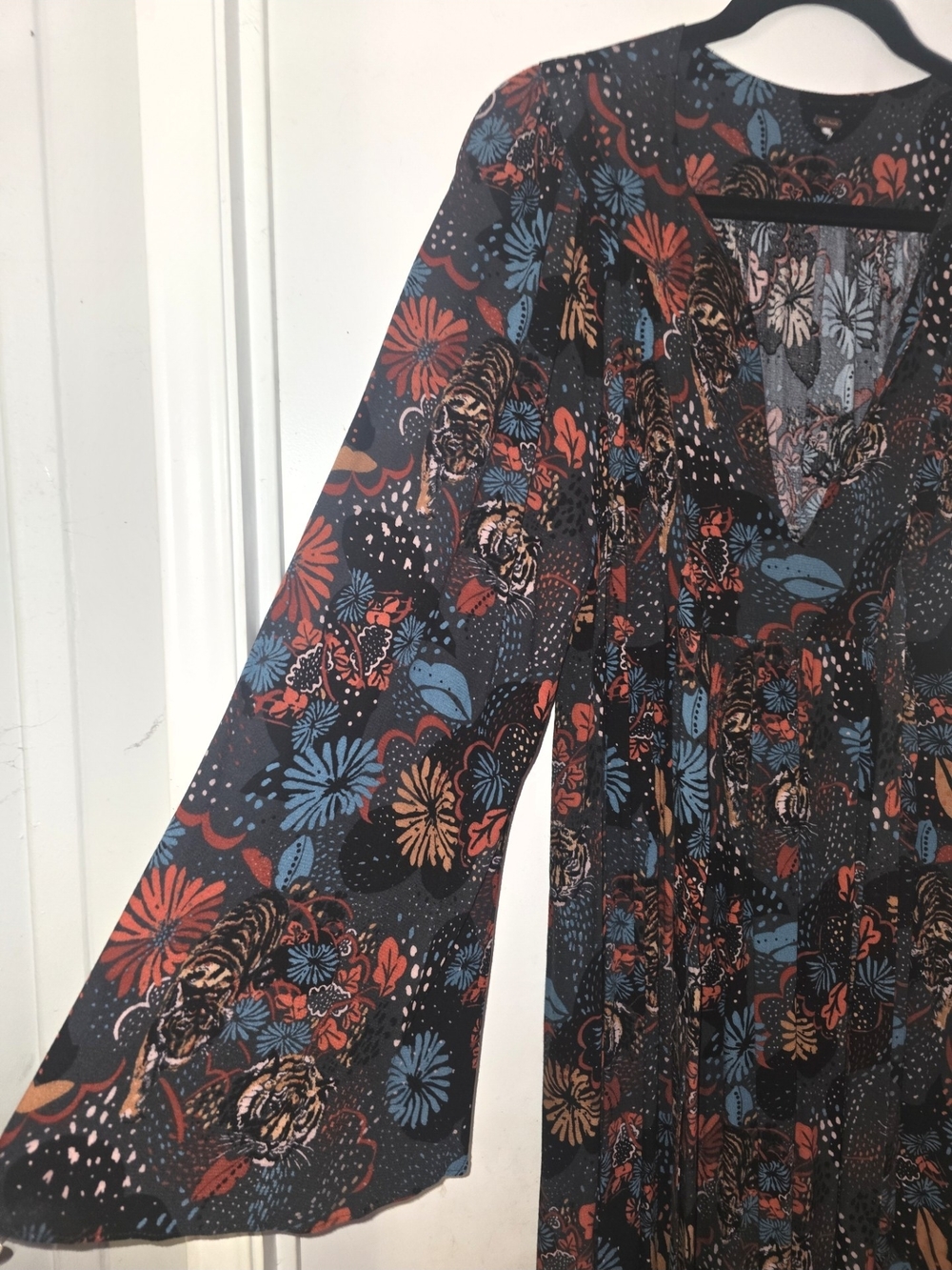Free People Tiger Pint Maxi Dress with Blue and Rust Floral Accents 100% Rayon - Picture 6 of 14